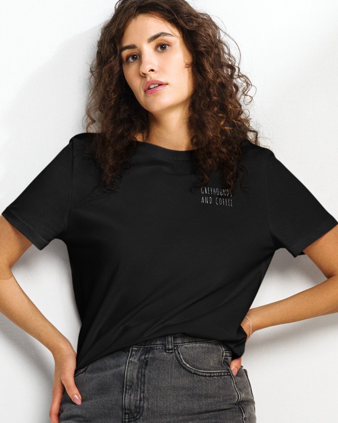 Model wearing a black tee that says Greyhounds and coffee
